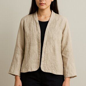 Anu 100% Linen Blazer Floral Embroidered Women's Split Sleeve Quiet Luxury LG